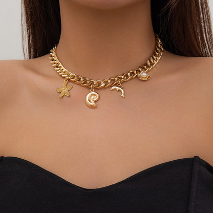 Women's Beach Necklace with Shell, Pearl & Dolphin