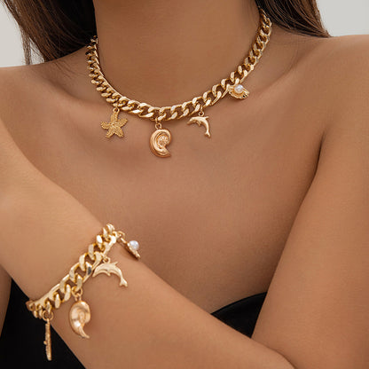 Women's Beach Necklace with Shell, Pearl & Dolphin